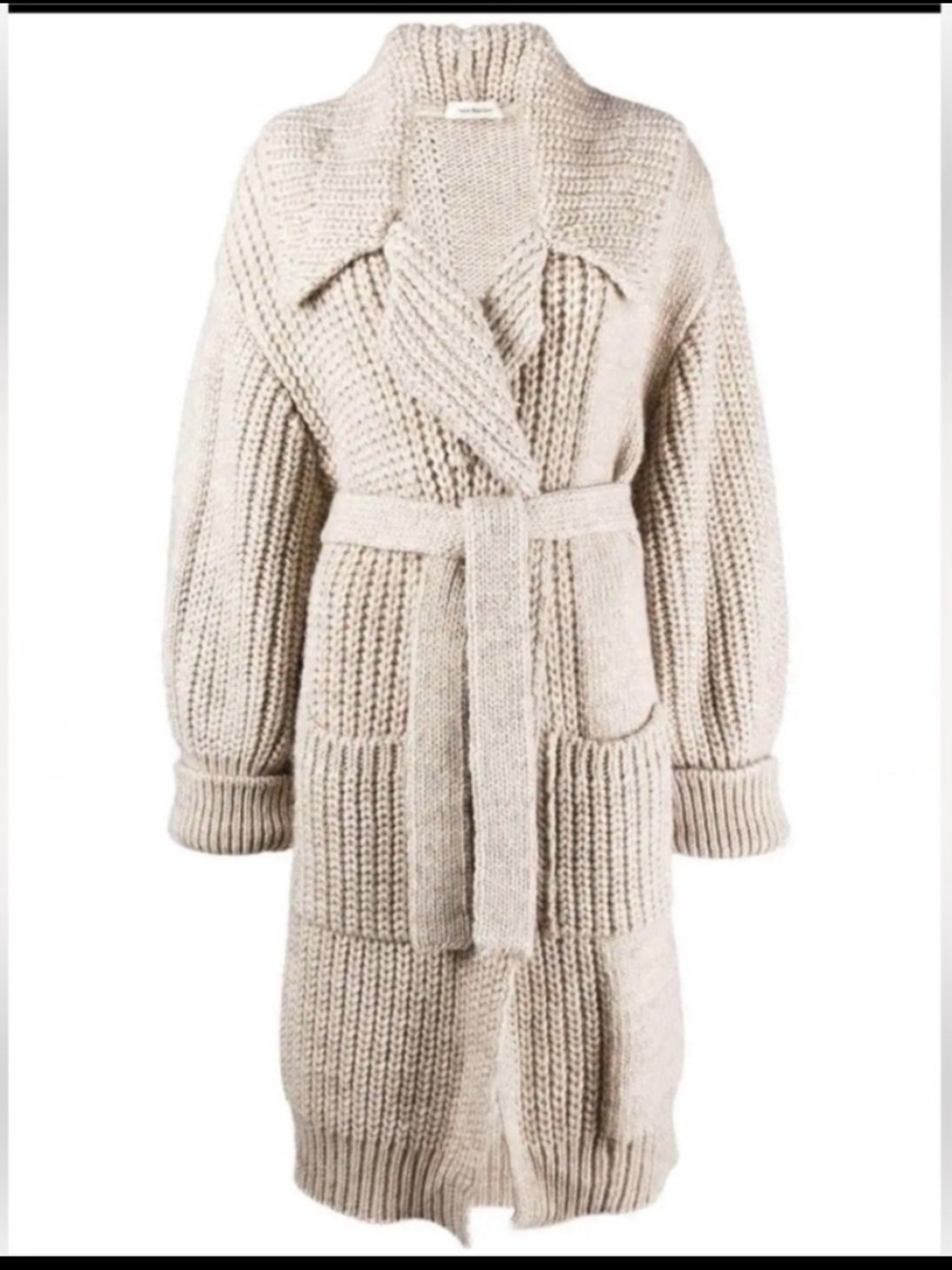 There Was One Patchwork-Effect Chunky Knit Tie-Waist Tan Cardi-Coat One Size